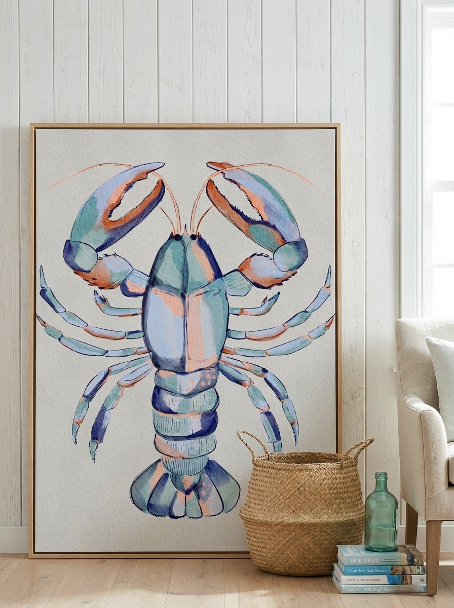 Oversized statement canvas wall art with a natural timber surround leaning against the wall in a coastal living room