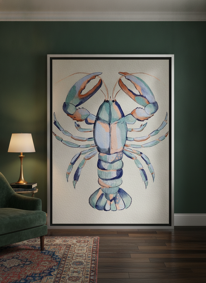 Oversized statement canvas wall art with a silver leaf surround leaning against the wall in a moody dining room