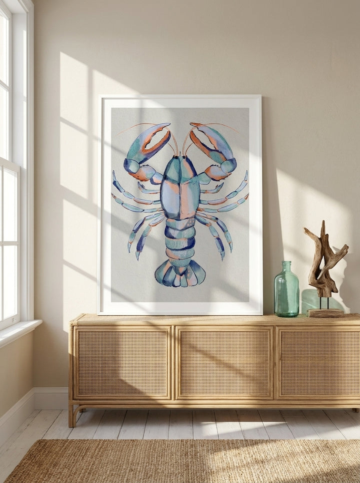 Modern wall art print standing on a sideboard in a coastal dining room