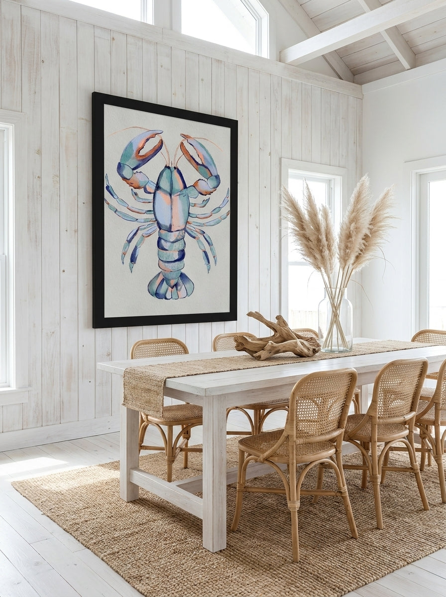 Oversized statement modern wall art print styled on the wall in a coastal dining room