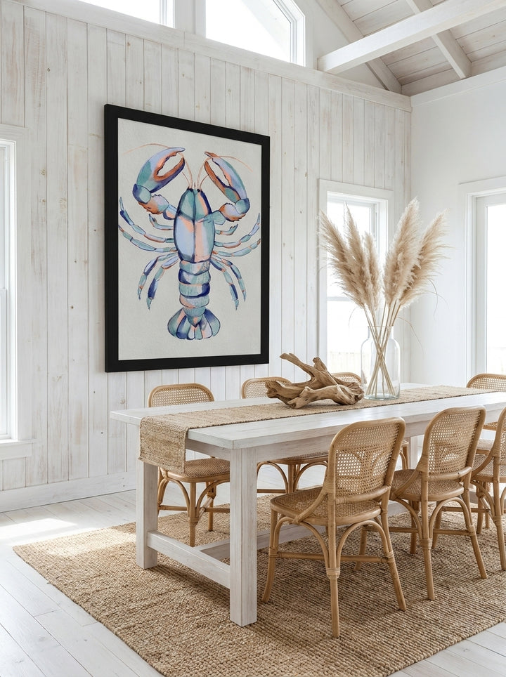 Oversized statement modern wall art print styled on the wall in a coastal dining room