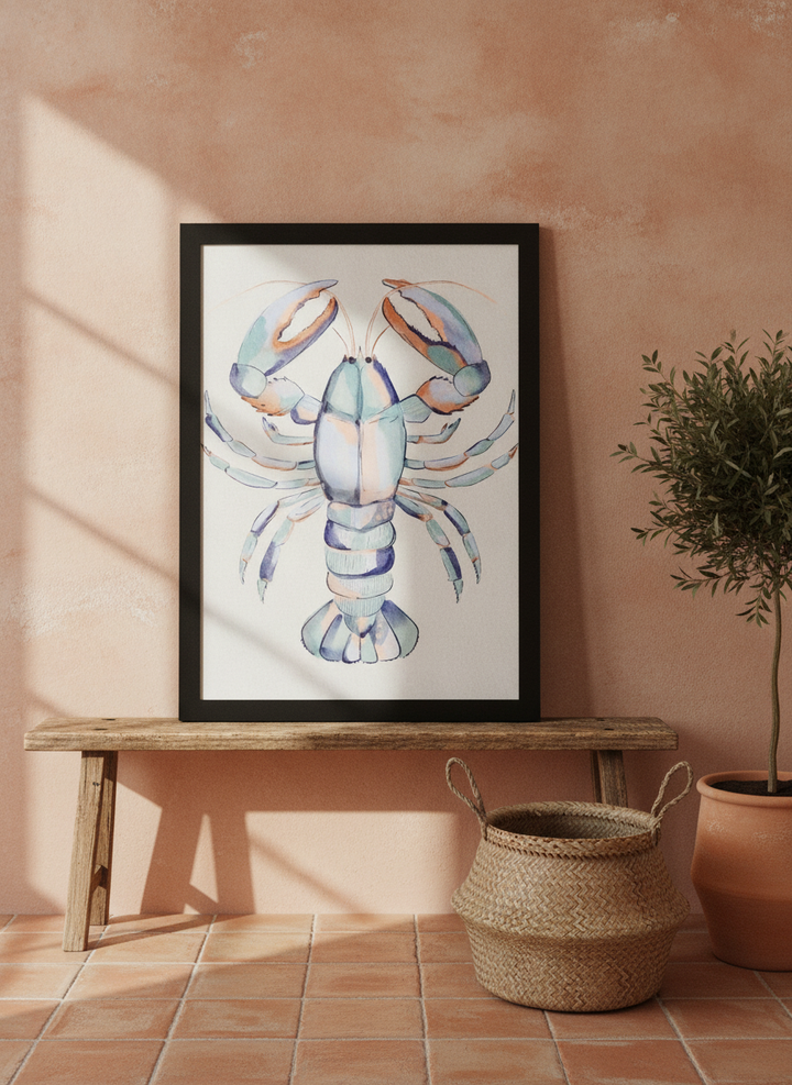 Modern wall art print standing on a bench in a Mediterranean bathroom