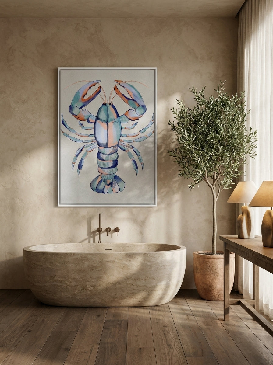 Canvas wall art with a white surround styled on the wall in a luxe bathroom