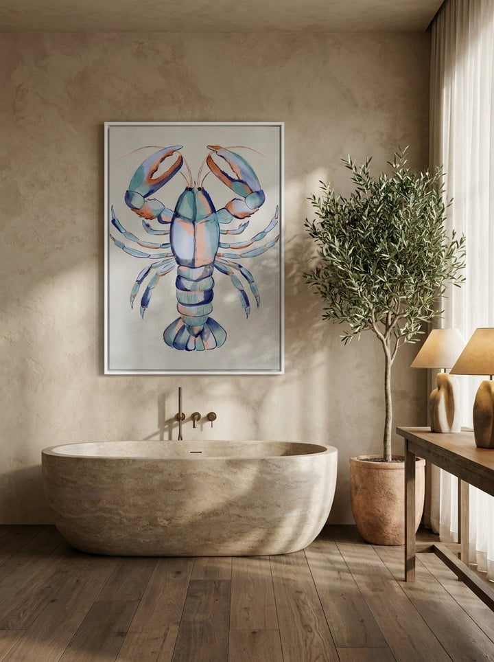 Canvas wall art with a white surround styled on the wall in a luxe bathroom