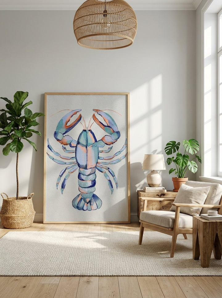 Oversized statement modern wall art print leaning against the wall in a bright Scandinavian living room
