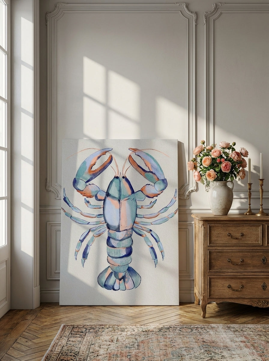 Stretched canvas wall art standing on a sideboard in a Parisian dining room