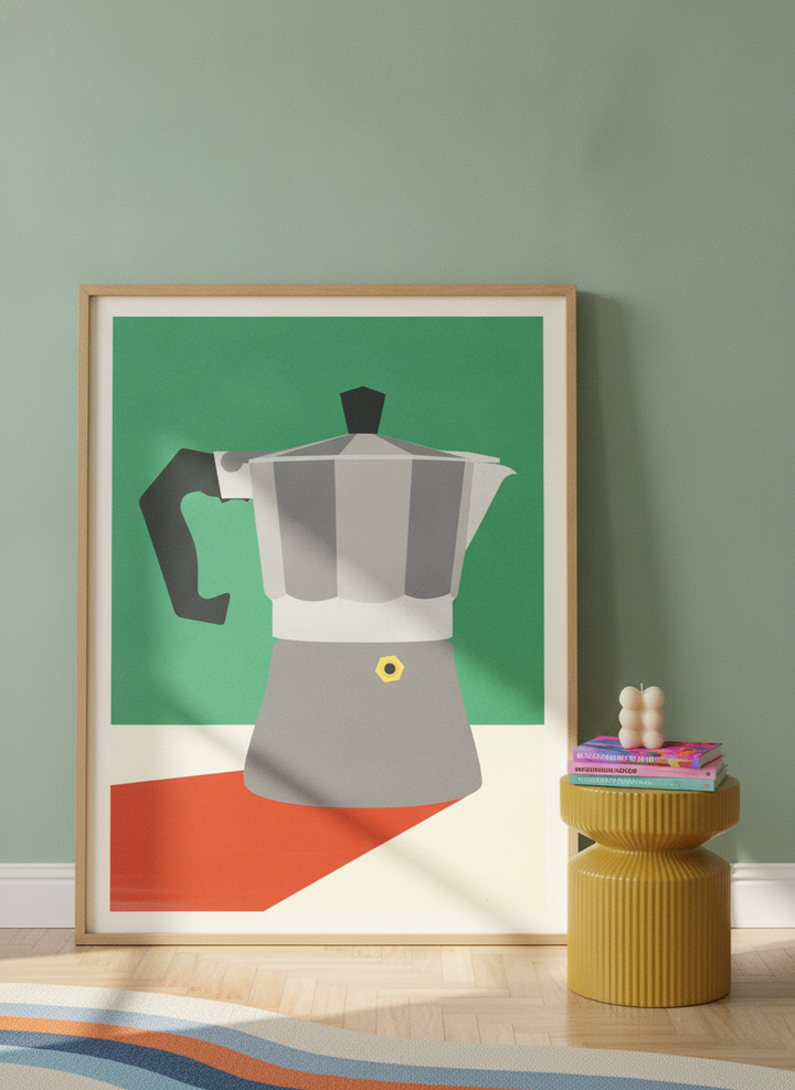 Oversized statement modern wall art print leaning against the wall in a colourful eclectic living room