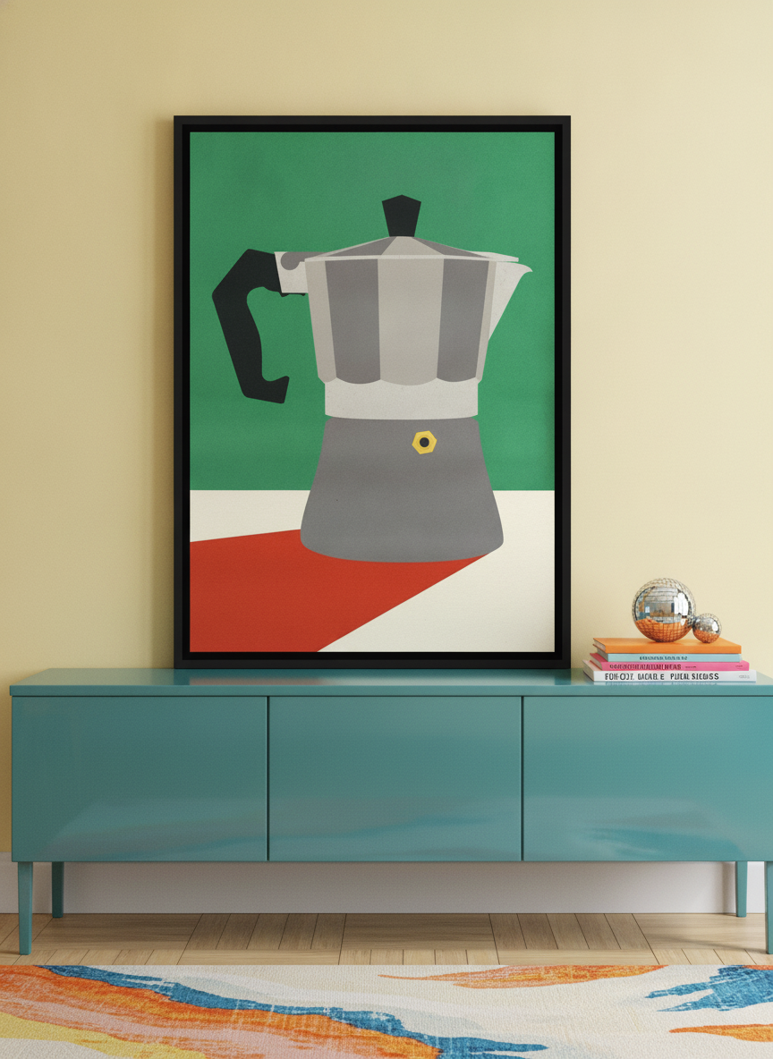 Canvas wall art with a black surround standing on a sideboard in a colourful eclectic living room