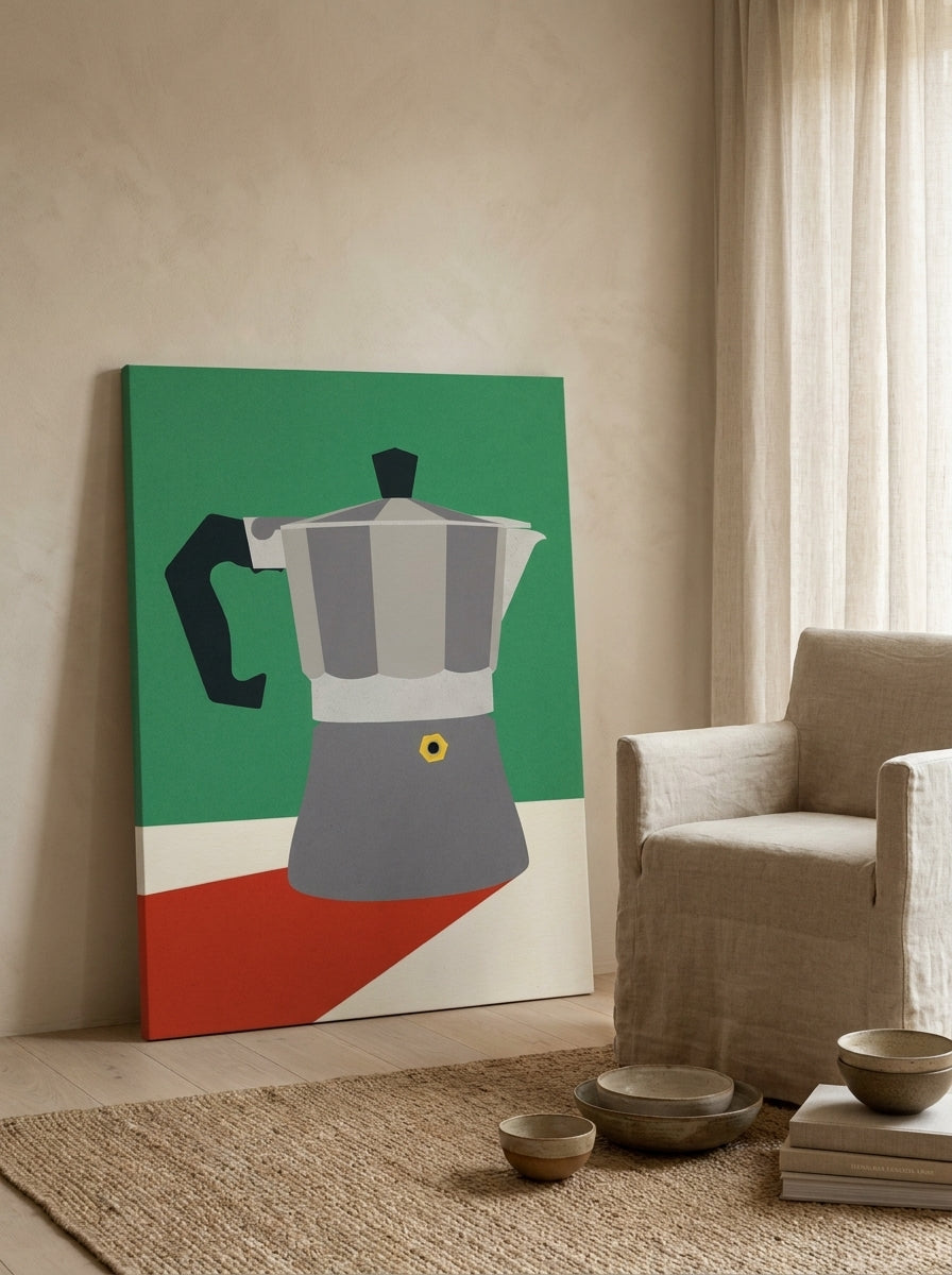 Stretched canvas wall art leaning against the wall in a warm Japandi dining room