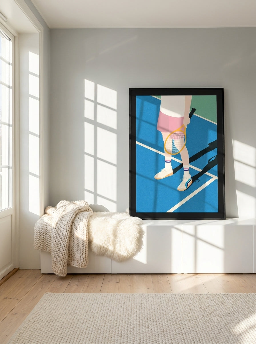 Modern wall art print standing on a sideboard in a bright Scandinavian living room