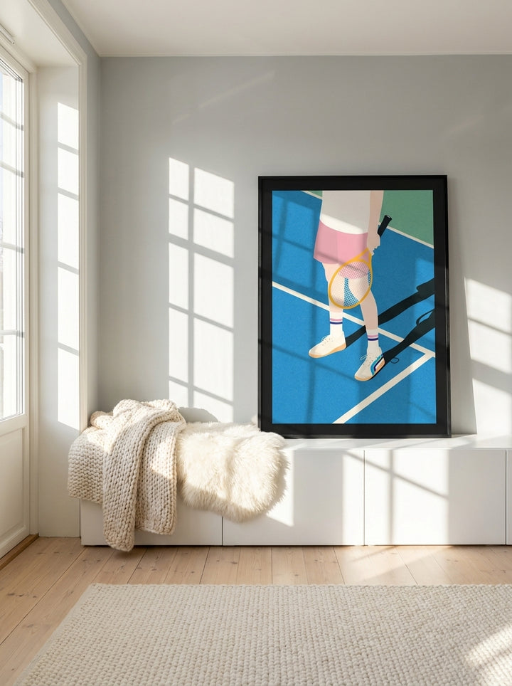 Modern wall art print standing on a sideboard in a bright Scandinavian living room