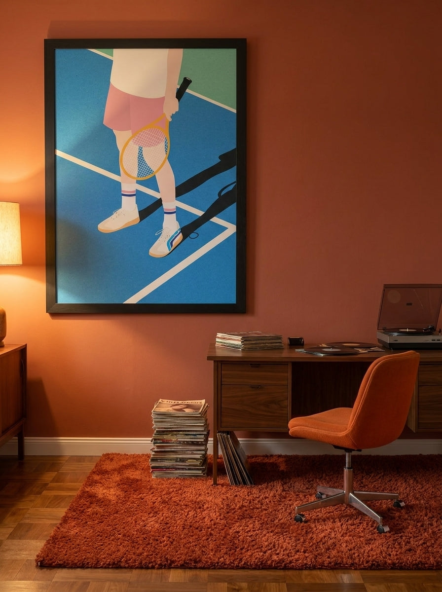 Oversized statement modern wall art print styled on the wall in a retro 70s home office