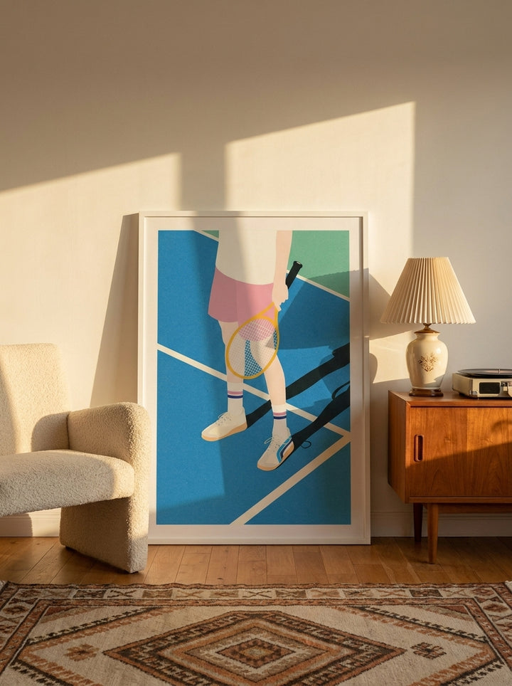 Modern wall art print leaning against the wall in a mid-century bedroom