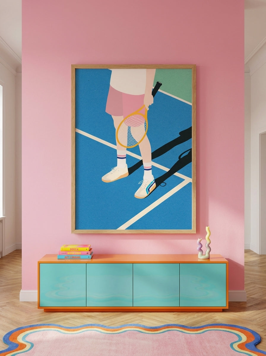 Oversized statement modern wall art print styled on the wall in a colourful eclectic living room