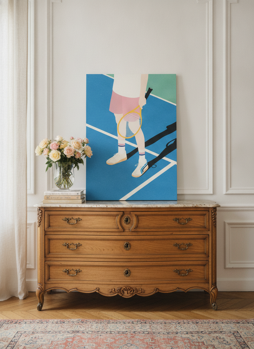 Stretched canvas wall art standing on a sideboard in a Parisian bedroom