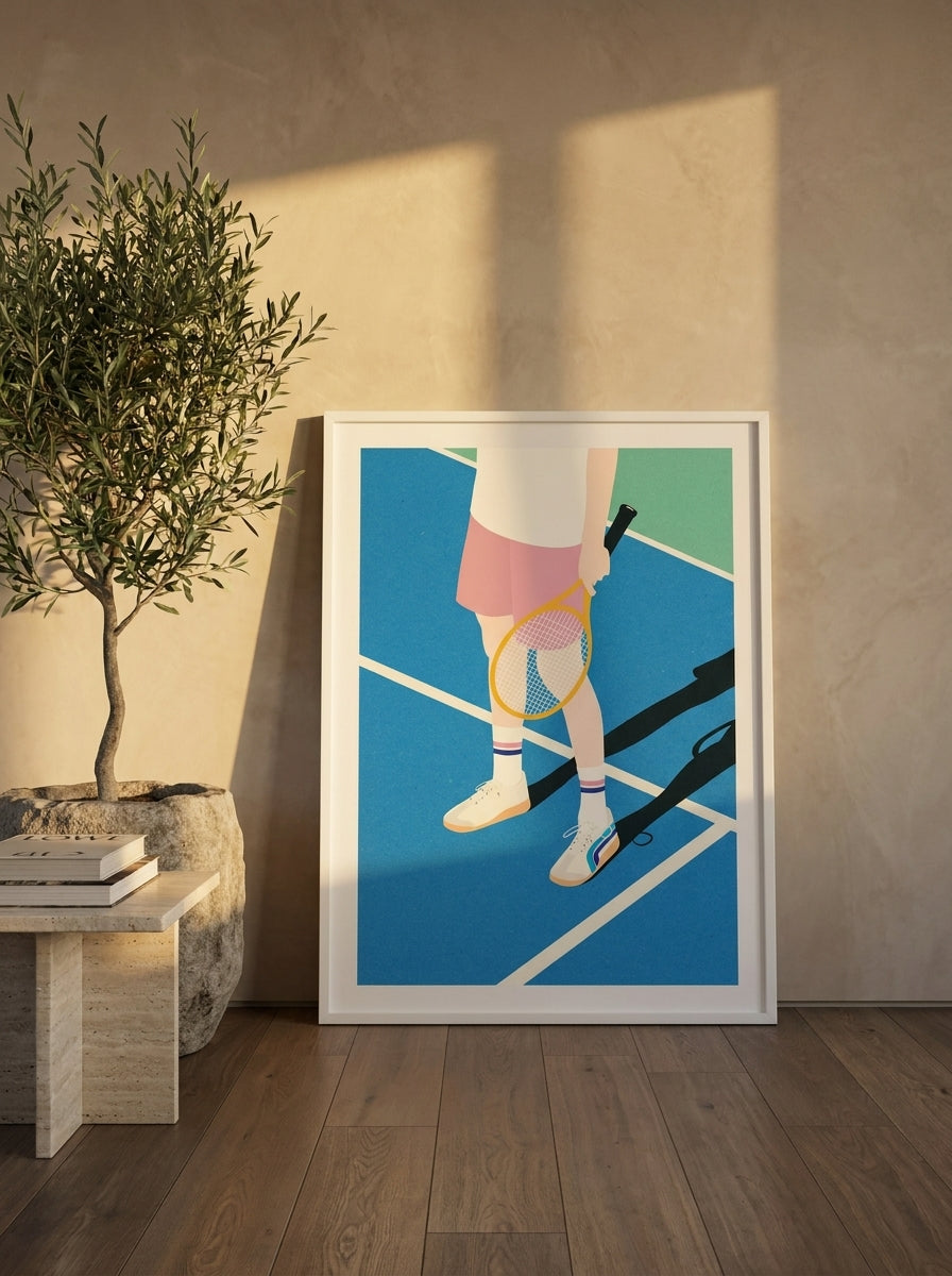 Modern wall art print leaning against the wall in a luxe home office