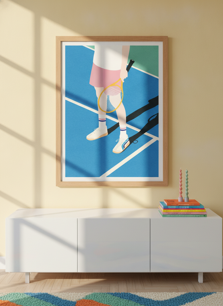 Modern wall art print styled on the wall in a colourful eclectic living room