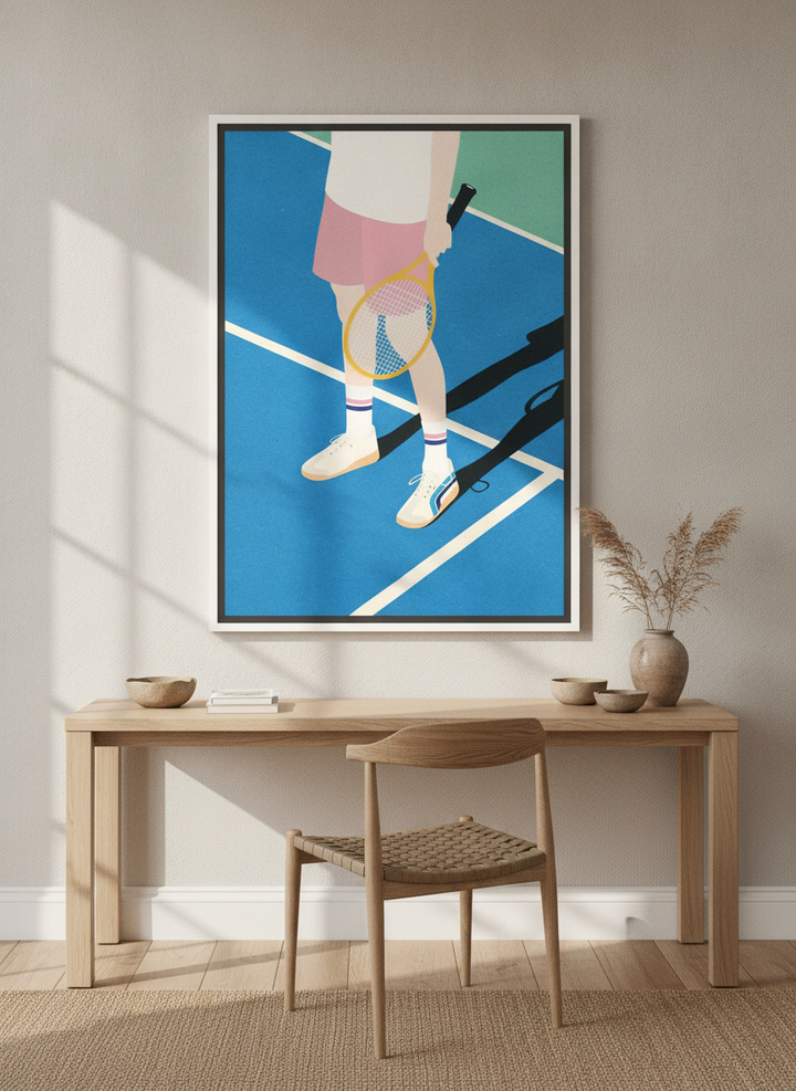 Canvas wall art with a white surround styled on the wall in a warm Japandi home office