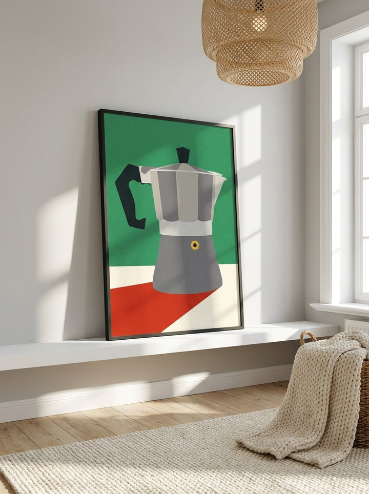 Modern wall art print standing on a shelf in a bright Scandinavian home office