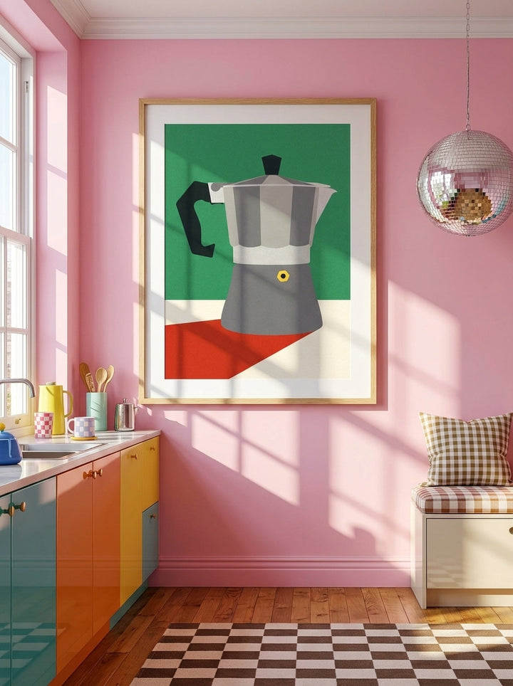 Modern wall art print styled on the wall in a colourful eclectic kitchen