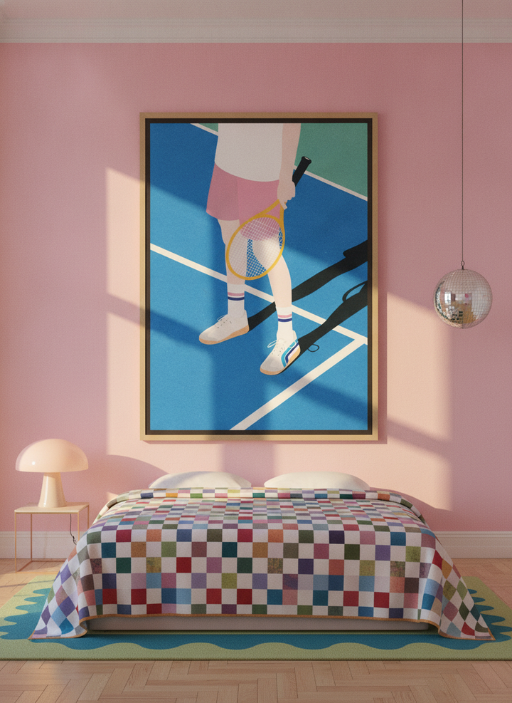 Oversized statement canvas wall art with a natural timber surround styled on the wall in a colourful eclectic bedroom