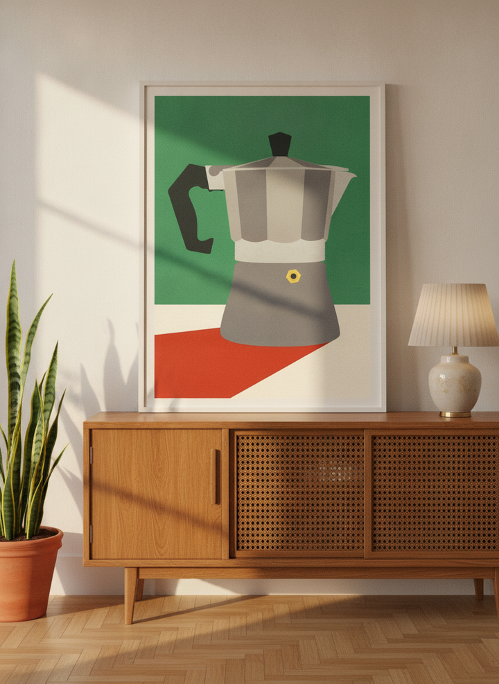 Modern wall art print standing on a sideboard in a mid-century living room