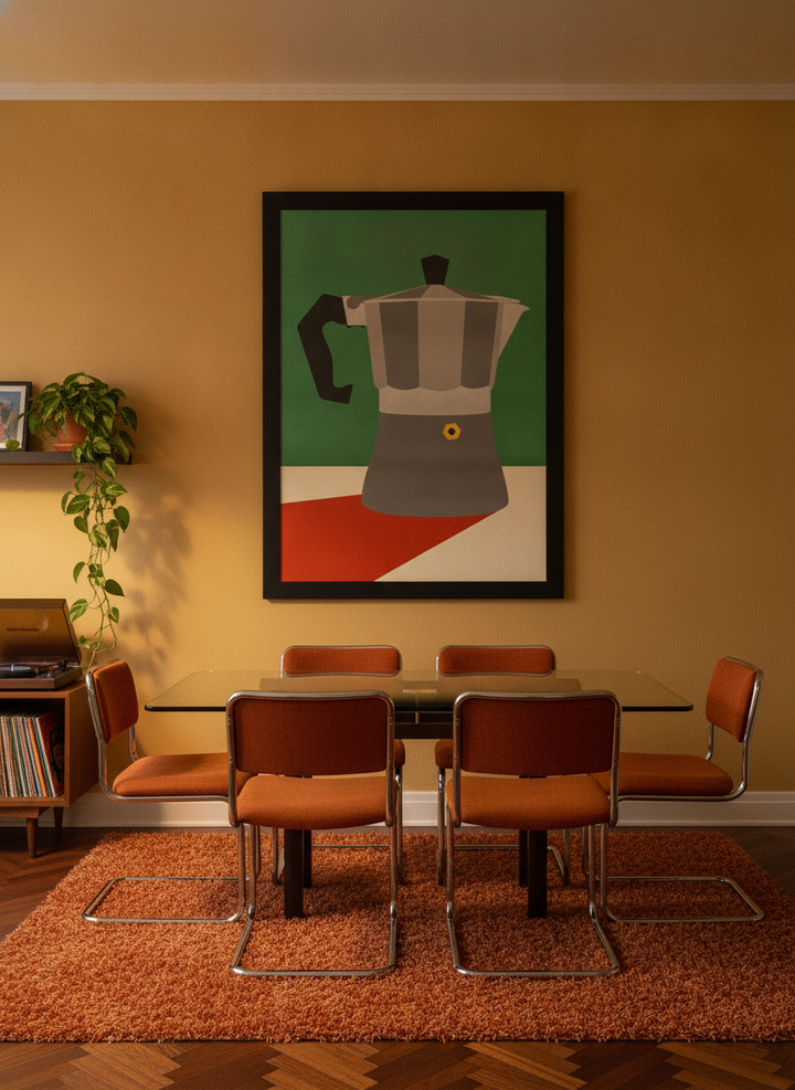 Oversized statement modern wall art print styled on the wall in a retro 70s dining room