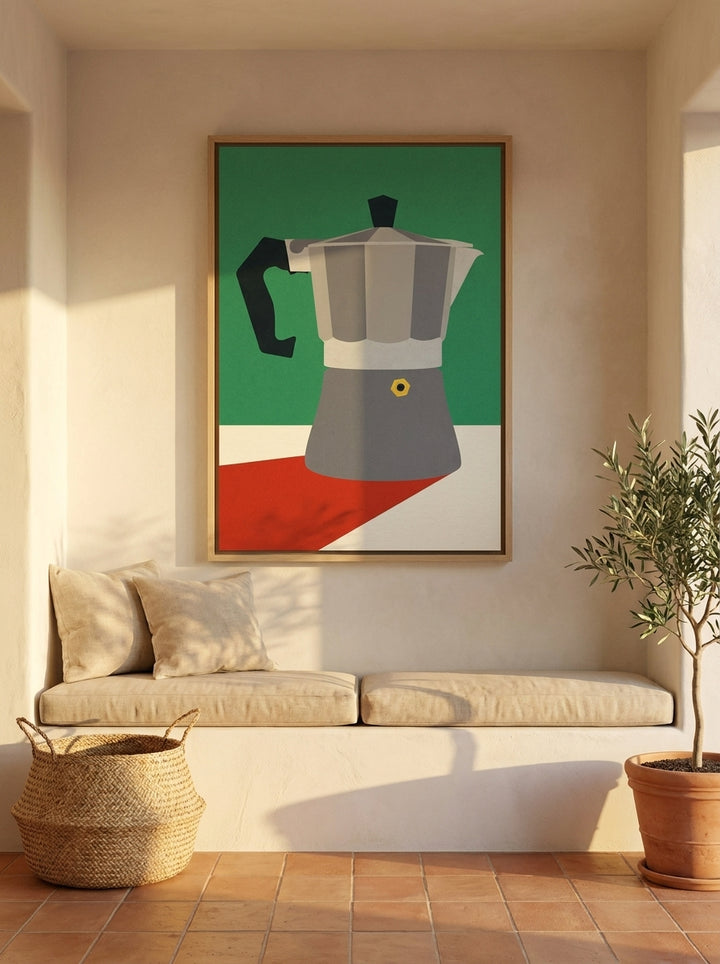 Oversized statement canvas wall art with a natural timber surround styled on the wall in a Mediterranean living room