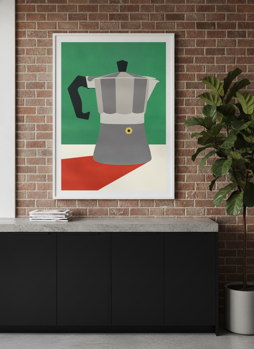 Modern wall art print styled on the wall in an industrial loft kitchen