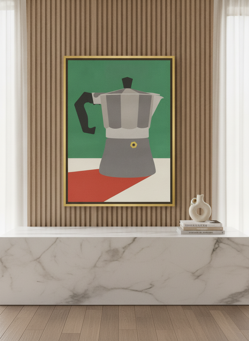 Canvas wall art with a gold leaf surround styled on the wall in a luxe kitchen
