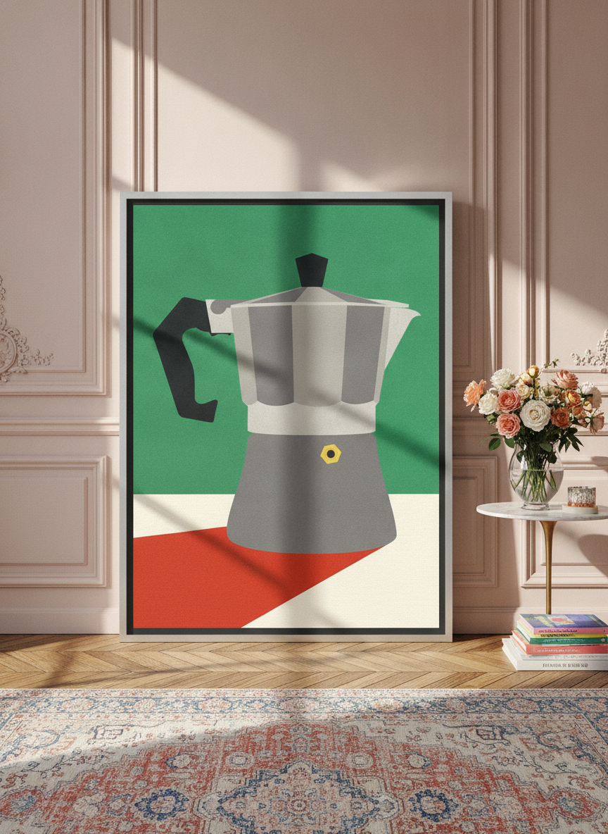 Oversized statement canvas wall art with a silver leaf surround leaning against the wall in a Parisian dining room