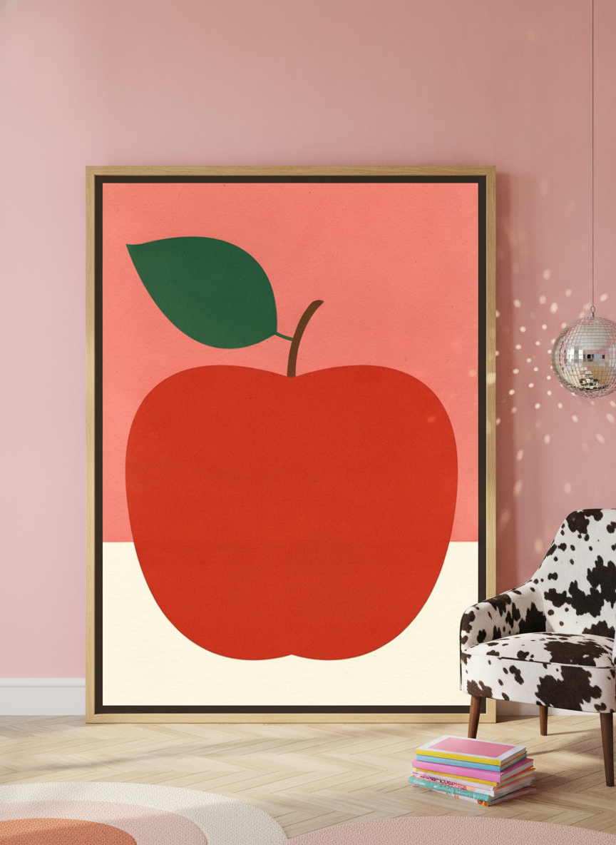 Oversized statement canvas wall art with a natural timber surround leaning against the wall in a colourful eclectic bedroom
