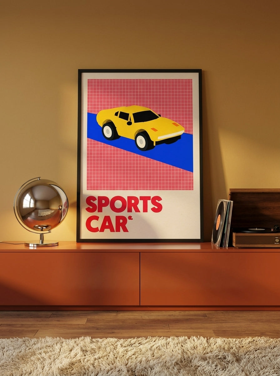 Modern wall art print standing on a sideboard in a retro 70s bedroom