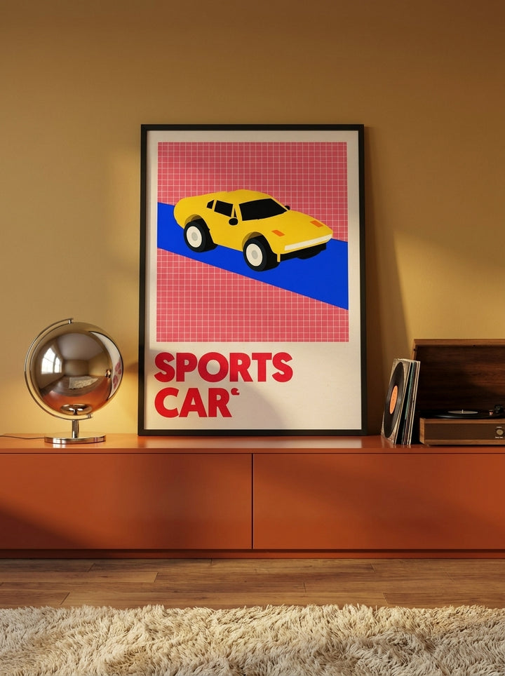 Modern wall art print standing on a sideboard in a retro 70s bedroom