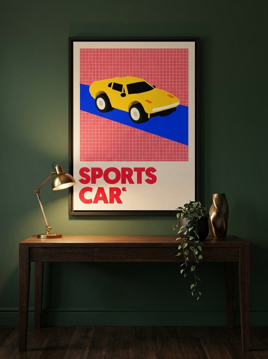 Canvas wall art with a black surround styled on the wall in a moody home office