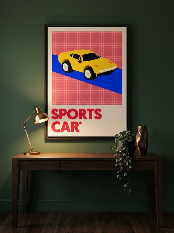 Canvas wall art with a black surround styled on the wall in a moody home office