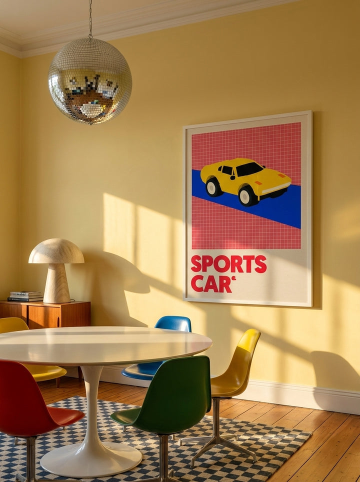 Oversized statement modern wall art print styled on the wall in a colourful eclectic dining room