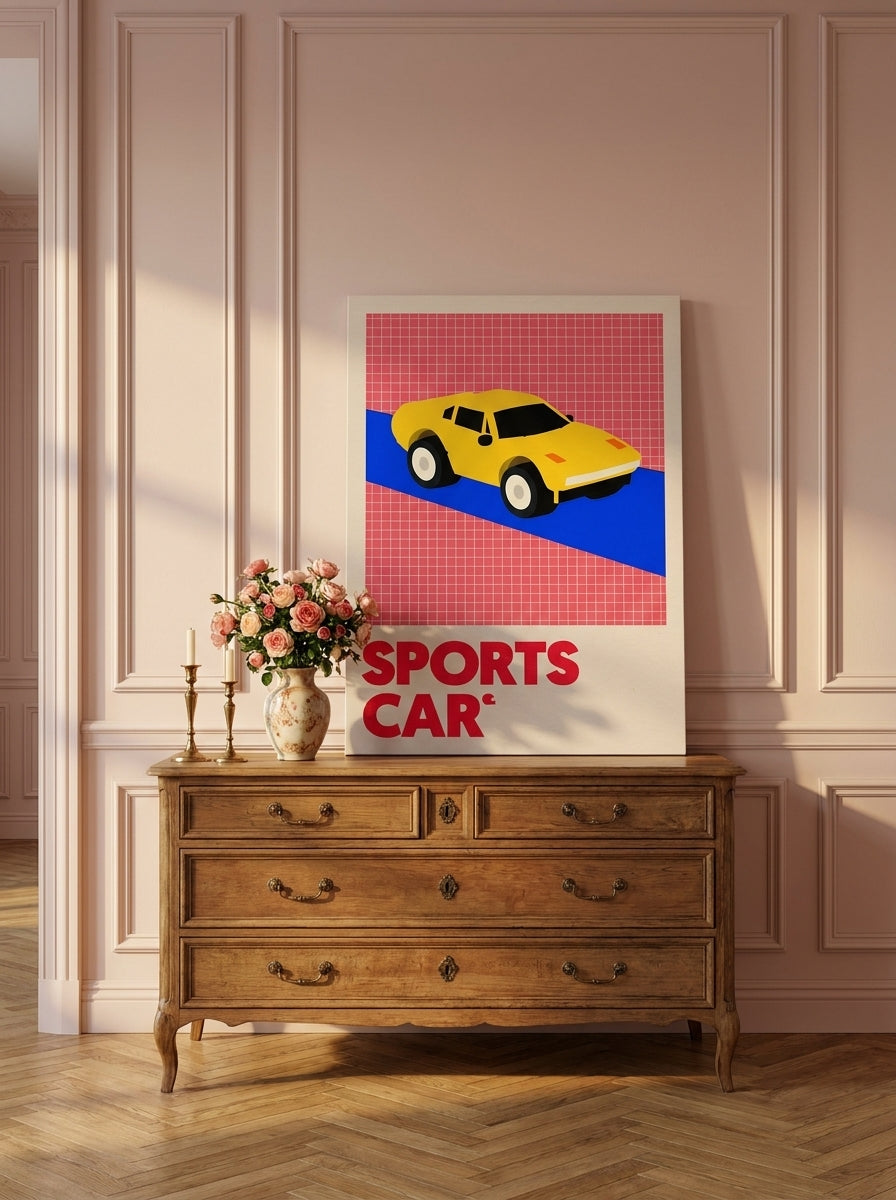 Stretched canvas wall art standing on a sideboard in a Parisian bedroom