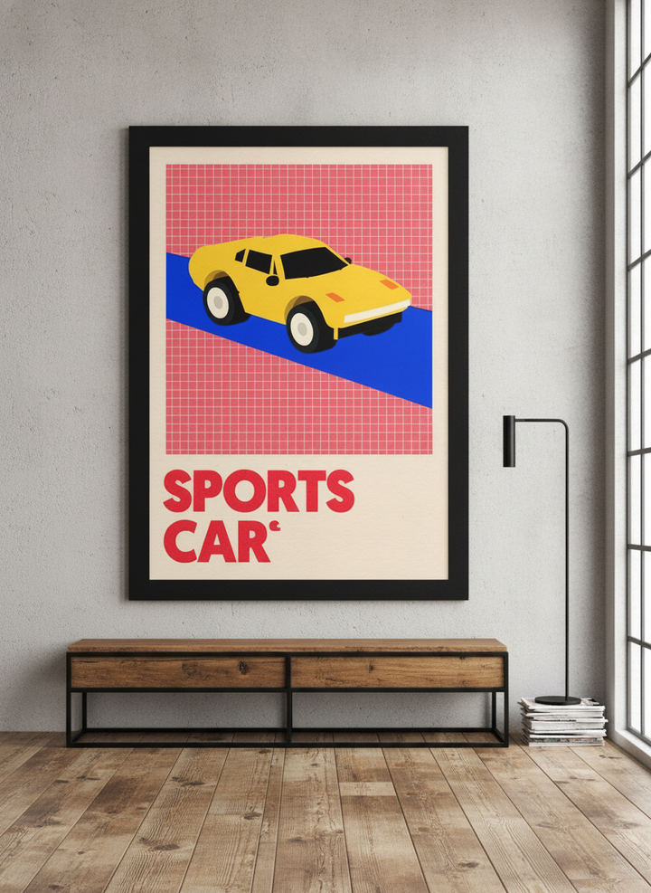 Oversized statement modern wall art print styled on the wall in an industrial loft living room