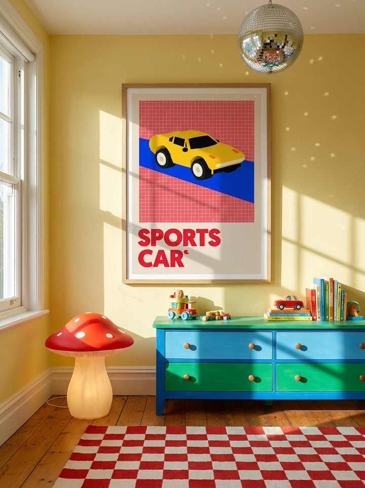 Modern wall art print styled on the wall in a colourful eclectic nursery