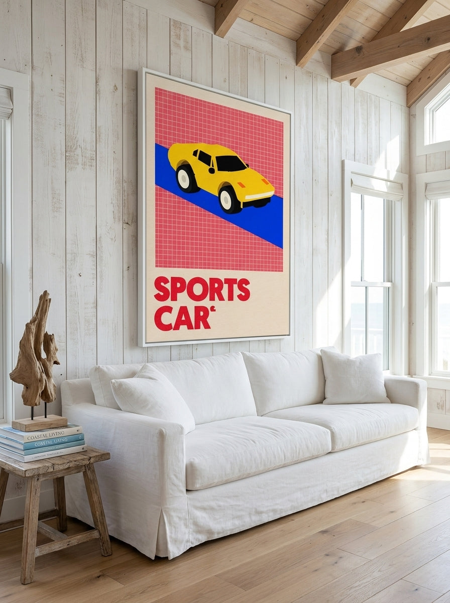 Oversized statement canvas wall art with a white surround styled on the wall in a coastal living room