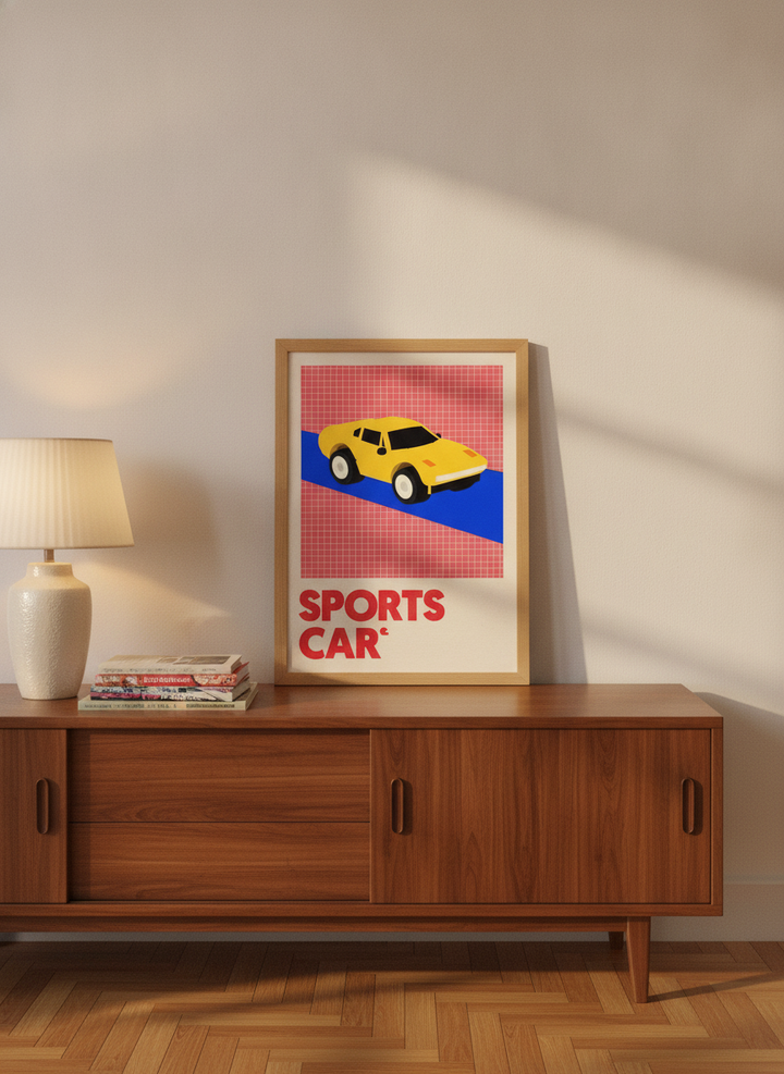 Modern wall art print standing on a sideboard in a mid-century home office