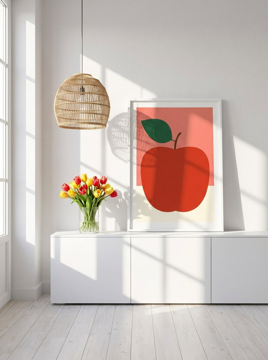 Modern wall art print standing on a sideboard in a bright Scandinavian living room