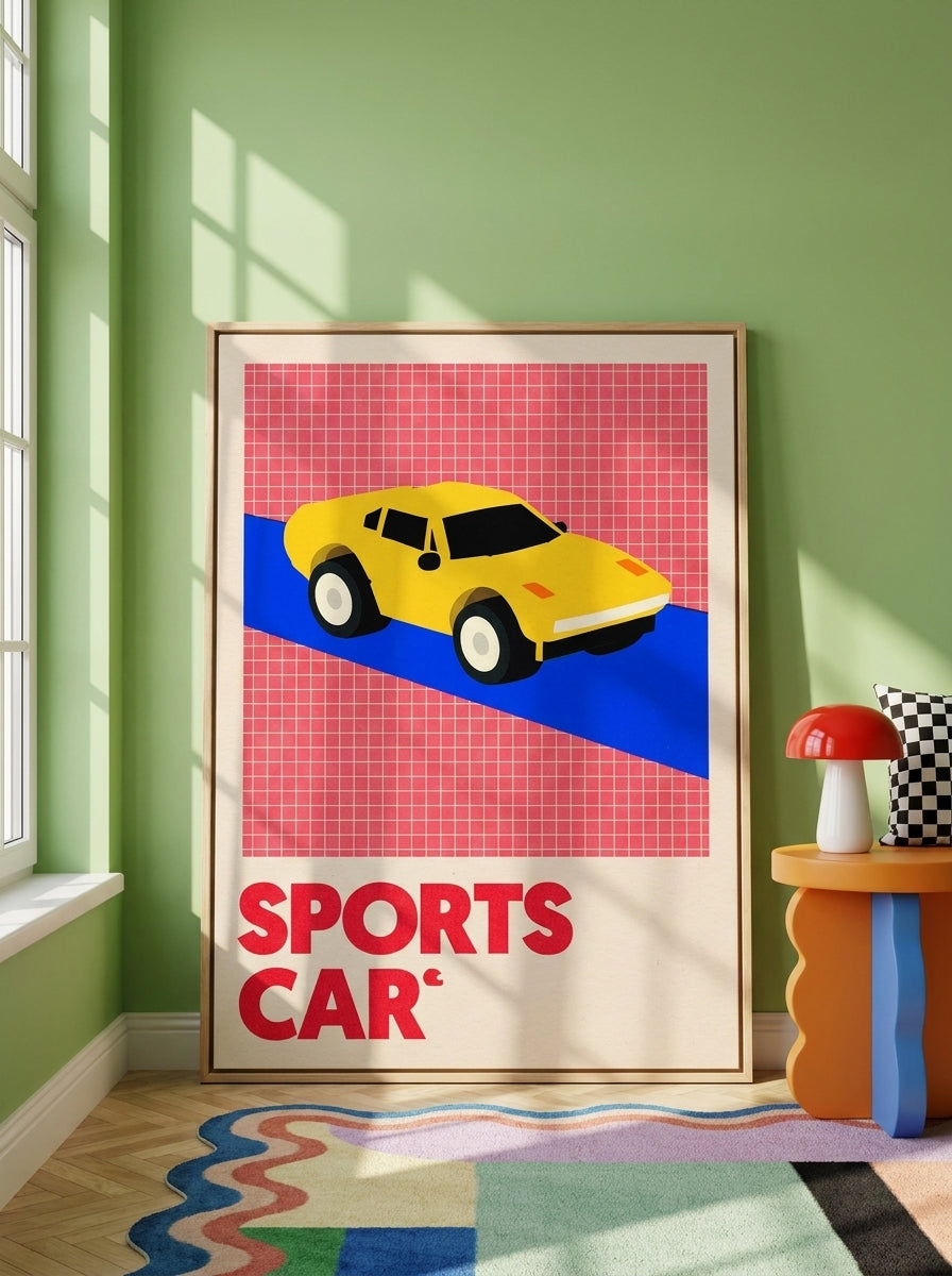 Oversized statement canvas wall art with a natural timber surround leaning against the wall in a colourful eclectic dining room