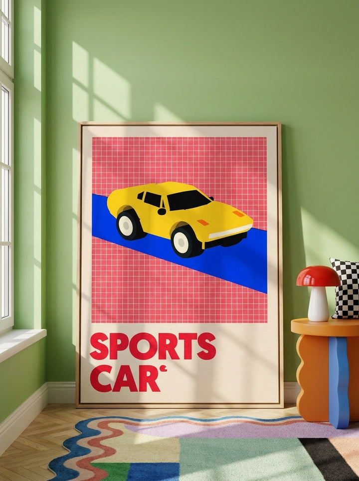 Oversized statement canvas wall art with a natural timber surround leaning against the wall in a colourful eclectic dining room