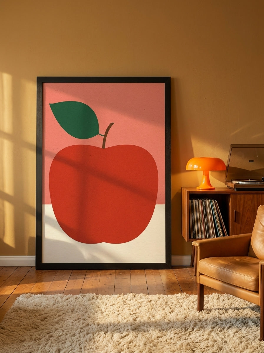 Oversized statement modern wall art print leaning against the wall in a retro 70s dining room