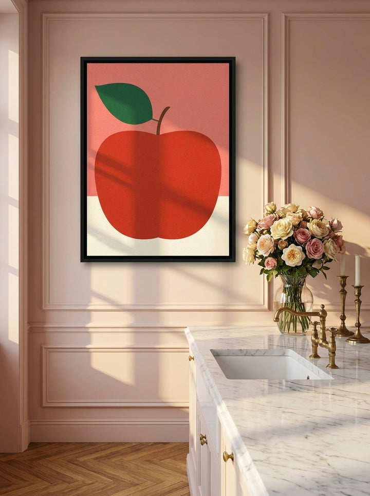 Canvas wall art with a black surround styled on the wall in a Parisian kitchen