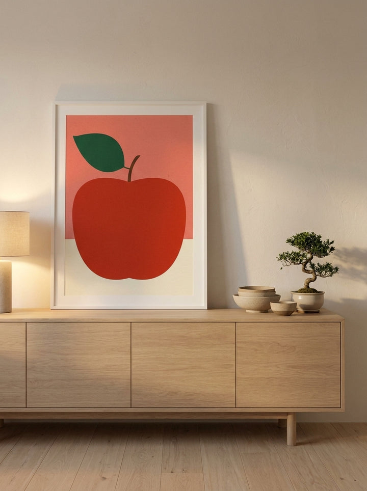 Modern wall art print standing on a sideboard in a warm Japandi dining room