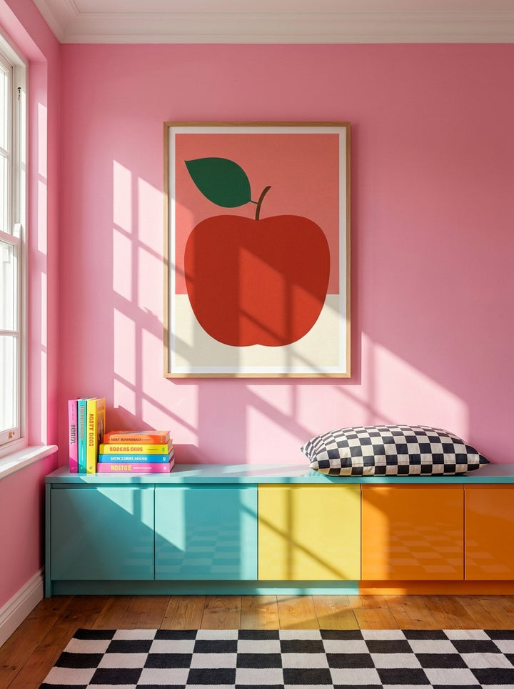 Modern wall art print styled on the wall in a colourful eclectic kitchen