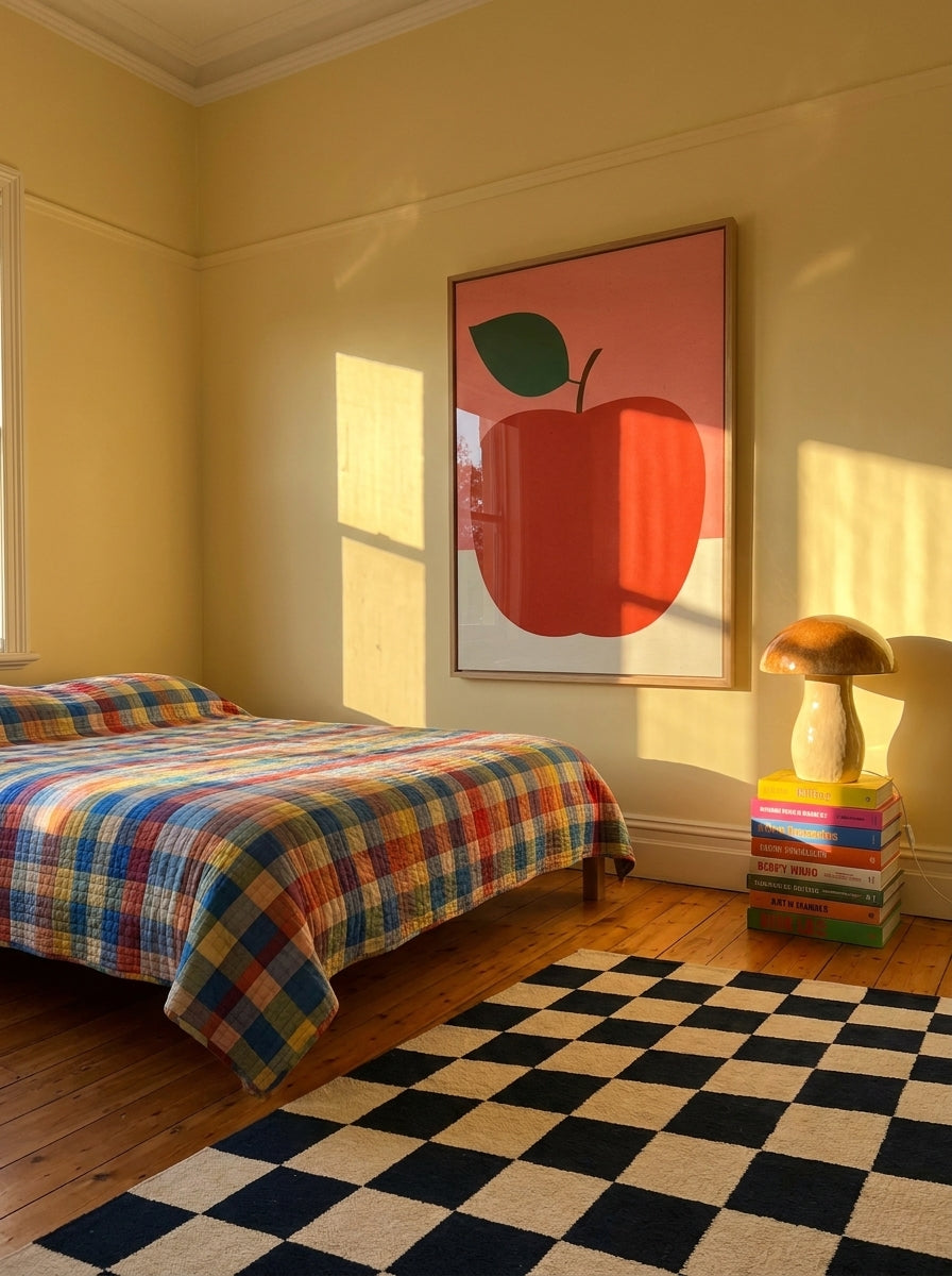 Oversized statement modern wall art print styled on the wall in a colourful eclectic bedroom
